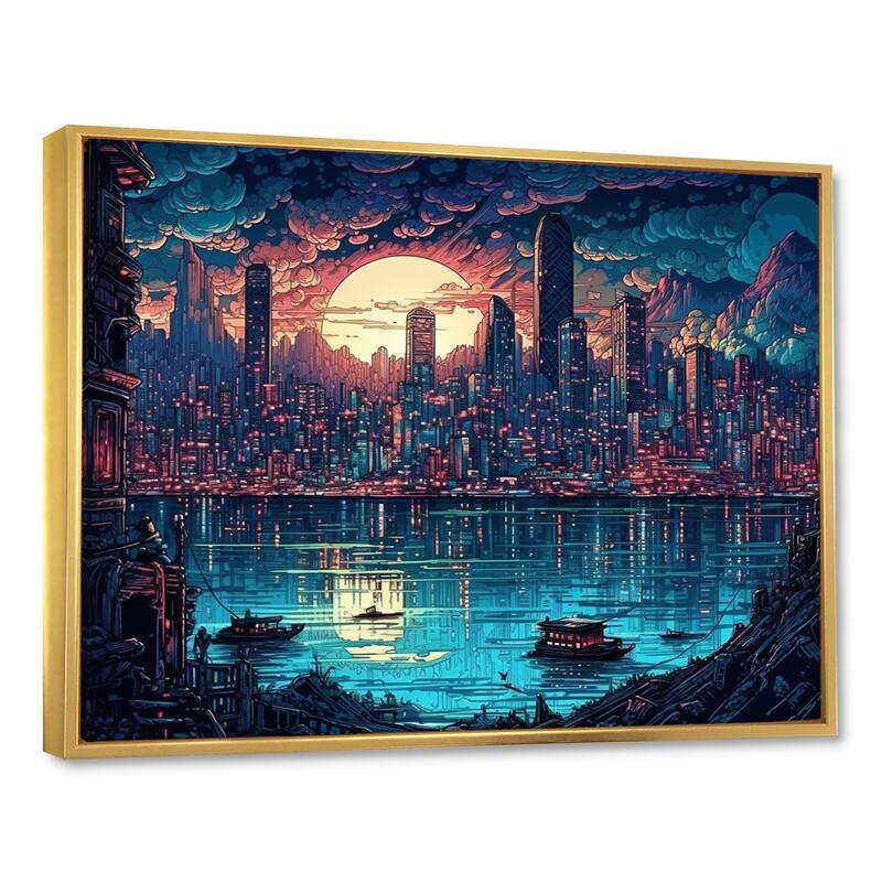 Designart "Blue And Orange Metropolis Deco Ii" City Art Deco Framed